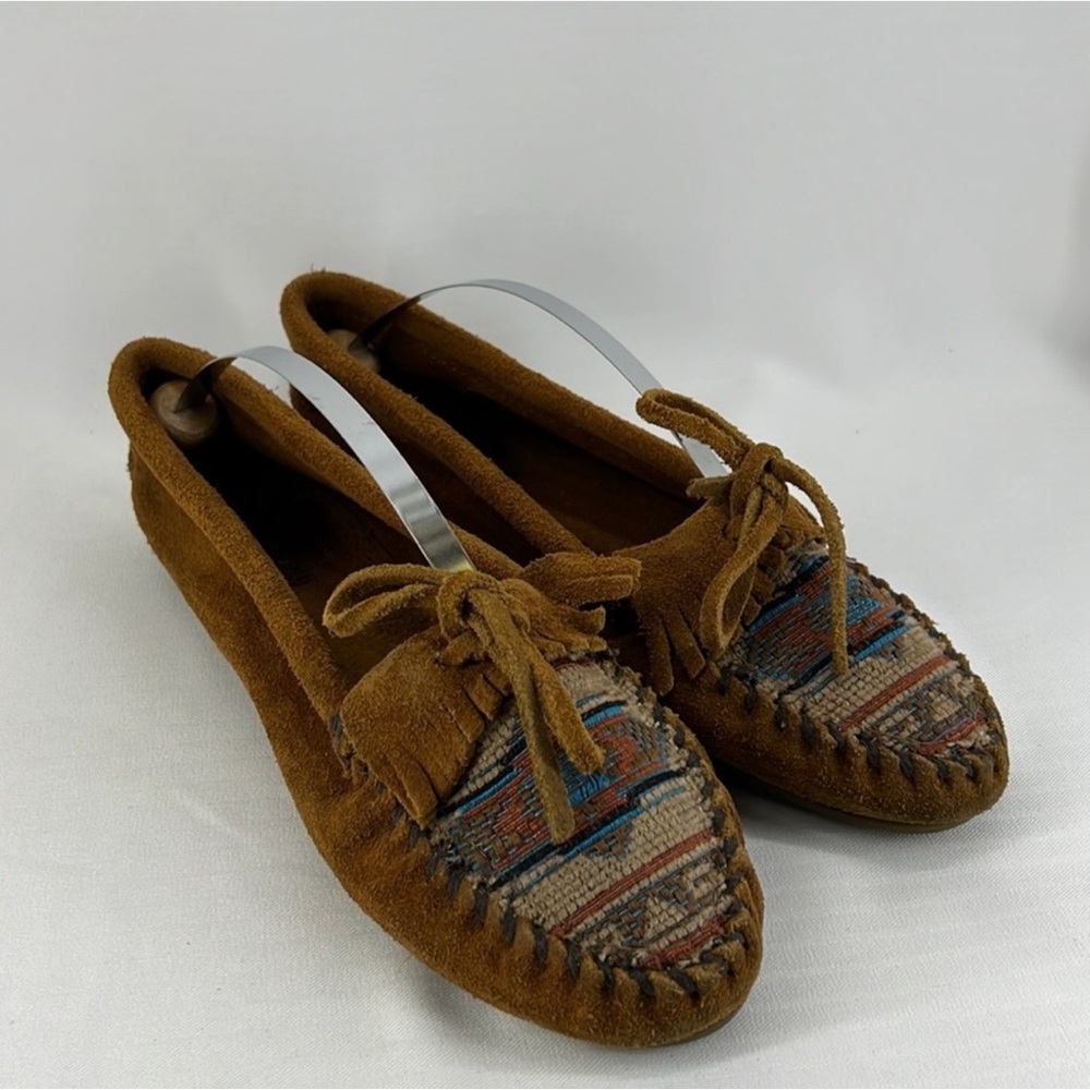 Minnetonka Tan Suede Moccasins with Patterned Toe